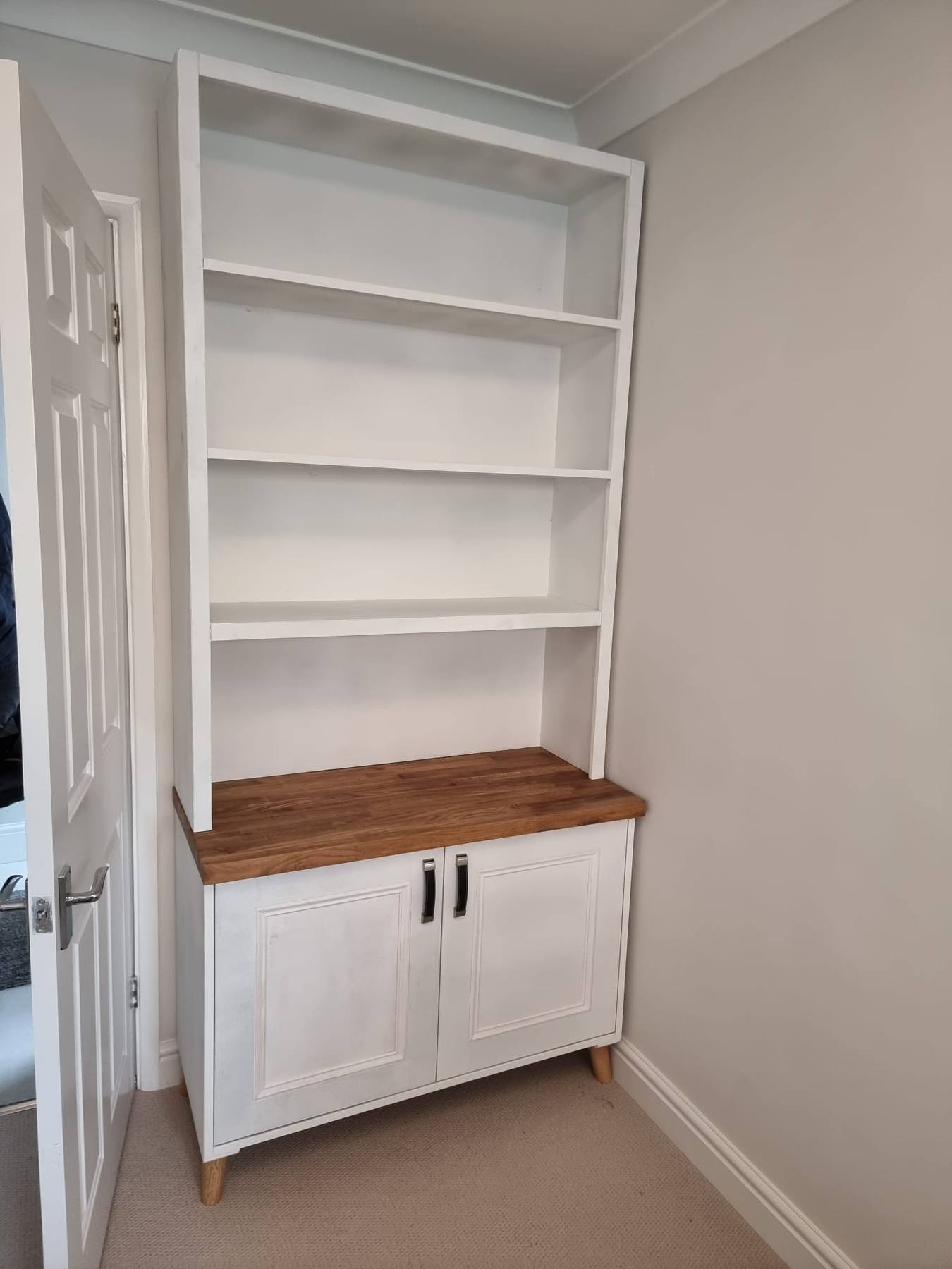 Freestanding display dresser with open shelves, oak top and cupboard