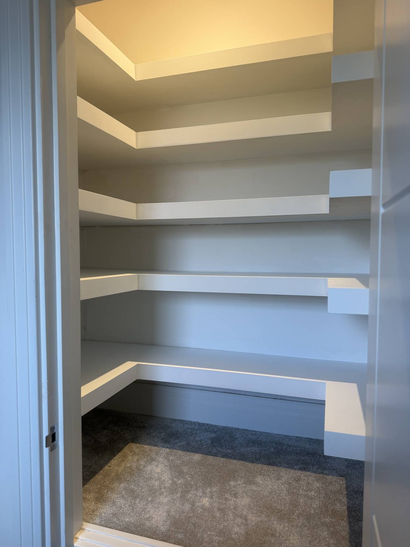 U-shaped floating shelving wrapping three sides of a store cupboard